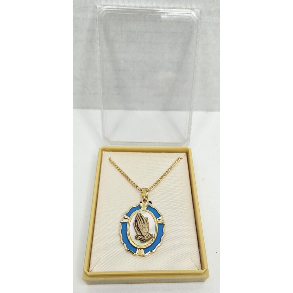 Vtg West Germany Signed Praying Hands Pendant Charm Chain Gold Blue Religious